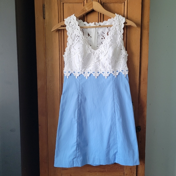 Lilly Pulitzer SANDI Stretch Shift Dress in blue and white size 2 Wedding Guest - Picture 4 of 16